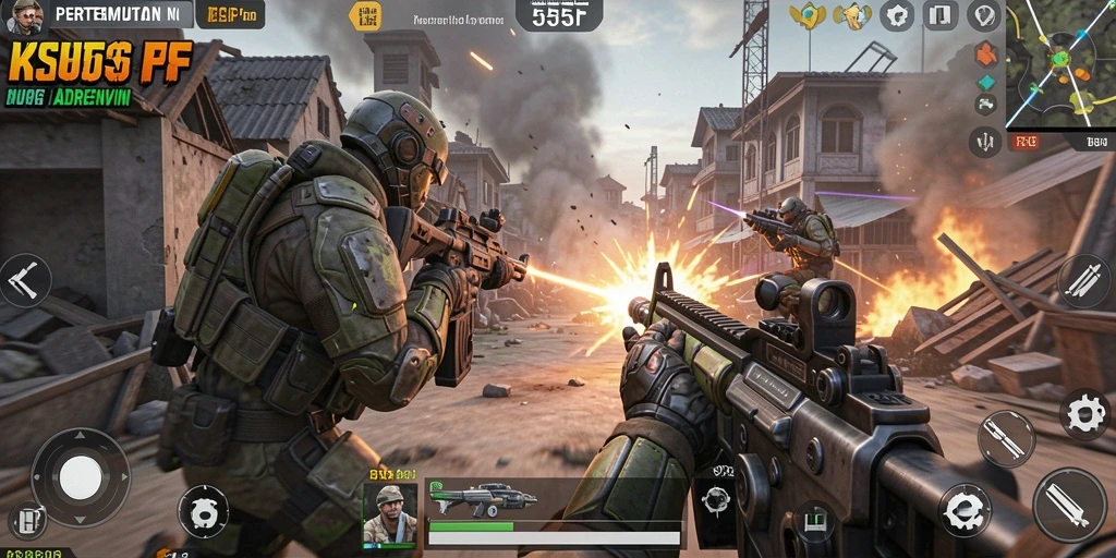 Tampilan gameplay mendebarkan di 555F dengan aksi FPS yang menegangkan.