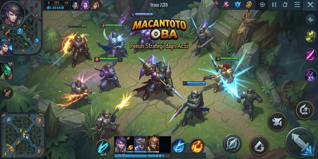 Tangkapan layar gameplay <strong>MACANTOTO</strong> yang menunjukkan pertempuran seru di arena MOBA.