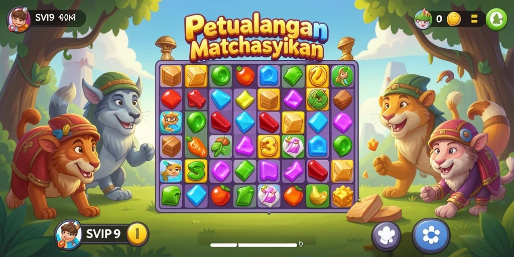 Tampilan gameplay SVIP9 yang penuh warna dan tantangan Match-3.