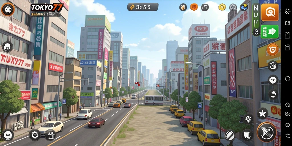 Tampilan gameplay <strong>TOKYO77</strong> yang menakjubkan menunjukkan kehidupan di Tokyo.